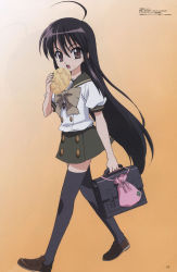 Rule 34 | 1girl, absurdres, bag, black hair, black thighhighs, bread, color halftone, eating, food, gradient background, green skirt, highres, holding, holding bag, loafers, long hair, looking at viewer, megami magazine, melon bread, official art, orange background, page number, scan, shakugan no shana, shana, shoes, skirt, solo, thighhighs, very long hair, walking, zettai ryouiki