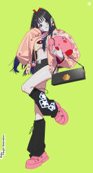 Rule 34 | 1girl, black bag, black footwear, black hair, black nails, black shorts, blue eyes, closed mouth, copyright name, crop top, full body, green background, hair ribbon, hand up, highres, jacket, jewelry, kirby, kirby (series), lollipop hair ornament, long hair, long sleeves, looking at viewer, loose socks, multiple rings, nintendo, oguchi, open clothes, open jacket, original, pink footwear, pink jacket, red ribbon, ribbon, ring, short shorts, shorts, simple background, smile, socks, solo, stuffed toy, white background