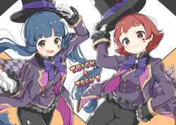 Rule 34 | 2girls, :d, black pants, blue hair, blunt bangs, blush, breasts, brown eyes, buttons, character name, closed mouth, cowboy shot, dot nose, earrings, flipped hair, frilled sleeves, frills, gloves, hand on own hip, hat, heart stickers, holding, holding clothes, holding hat, idolmaster, idolmaster million live!, idolmaster million live! theater days, jacket, jewelry, kitakami reika, kuresuku (lessons), long hair, long sleeves, looking at viewer, multiple girls, nonohara akane, official alternate costume, open clothes, open hand, open jacket, open mouth, pants, purple jacket, purple ribbon, red eyes, red hair, ribbon, short hair, sidelocks, simple background, small breasts, smile, sticker on face, top hat, very long hair, white background, white gloves