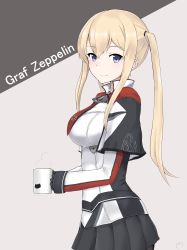 Rule 34 | 10s, 1girl, absurdres, black gloves, black pantyhose, black skirt, blonde hair, blue eyes, breasts, capelet, character name, cup, gloves, graf zeppelin (kancolle), hair between eyes, highres, holding, holding cup, jacket, kantai collection, large breasts, long hair, long sleeves, maruyaa (malya1006), military, military uniform, no headwear, no headwear, pantyhose, pleated skirt, sidelocks, signature, skirt, smile, solo, twintails, uniform, white jacket