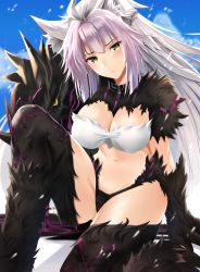 Rule 34 | 1girl, atalanta (fate), atalanta alter (fate), black panties, black thighhighs, braid, breasts, cleavage, expressionless, fate/apocrypha, fate/grand order, fate (series), fur, green eyes, grey hair, highres, large breasts, light purple hair, long hair, looking at viewer, multicolored hair, navel, nicky w, panties, solo, thighhighs, two-tone hair, underwear
