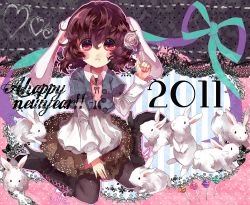 Rule 34 | 1girl, alternate costume, animal ears, black pantyhose, boots, brown hair, cross-laced footwear, female focus, high heels, hoshika ranoe, inaba tewi, new year, pantyhose, rabbit, rabbit ears, red eyes, shoes, short hair, solo, too many, too many rabbits, touhou