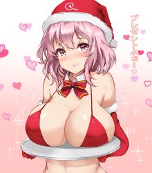 Rule 34 | 1girl, amagi (amagi626), bare shoulders, bikini, blush, bow, bowtie, breast rest, breasts, breasts on tray, carried breast rest, carrying, christmas, commentary request, detached collar, elbow gloves, fur-trimmed gloves, fur trim, gloves, gradient background, hat, heart, highres, large breasts, looking at viewer, open mouth, pink background, pink eyes, pink hair, red bikini, red bow, red bowtie, red gloves, red hat, saigyouji yuyuko, santa bikini, santa hat, short hair, smile, solo, sparkle, stomach, swimsuit, touhou, translation request, upper body, white background