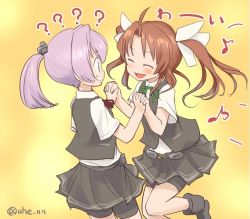 Rule 34 | 2girls, ?, ahenn, bike shorts, blue eyes, brown hair, closed eyes, commentary request, dress shirt, eighth note, green ribbon, grey skirt, grey vest, hair ornament, holding hands, kagerou (kancolle), kantai collection, long hair, multiple girls, musical note, neck ribbon, one-hour drawing challenge, open mouth, pink hair, pleated skirt, ponytail, red ribbon, remodel (kantai collection), ribbon, school uniform, shiranui (kancolle), shirt, short hair, short ponytail, short sleeves, shorts, shorts under skirt, skirt, smile, twintails, twitter username, vest, white ribbon, white shirt, yellow background