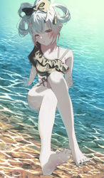 Rule 34 | 1girl, absurdres, alternate hairstyle, arm support, bare arms, bare legs, barefoot, black bow, black one-piece swimsuit, blush, borrowed hairstyle, bow, caustics, cinnamiku hairstyle, colored tips, cross-laced clothes, drop earrings, earrings, feet, frilled one-piece swimsuit, frilled swimsuit, frills, full body, gradient hair, hair bow, hair up, highres, hololive, horns, jewelry, looking at viewer, maria onnette, multicolored hair, nail polish, nakiri ayame, one-piece swimsuit, outdoors, parted lips, red eyes, sitting on water, skin-covered horns, soles, solo, spaghetti strap, swimsuit, toenail polish, toenails, toes, updo, virtual youtuber, water, wet, white hair