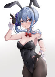 Rule 34 | 1girl, absurdres, alternate costume, animal ears, arm strap, black gloves, black hairband, black leotard, blue eyes, blue hair, bow, bowtie, breasts, covered navel, detached collar, fake animal ears, gloves, hairband, highres, hololive, hoshimachi suisei, leotard, long hair, pantyhose, partially fingerless gloves, playboy bunny, rabbit ears, rabbit tail, red bow, red bowtie, side ponytail, small breasts, solo, star (symbol), star in eye, symbol in eye, tail, takuty, virtual youtuber, wrist cuffs
