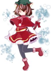 Rule 34 | 1girl, adapted costume, animal ears, black thighhighs, boots, bow, brown hair, capelet, cat ears, cat tail, chen, earrings, hat, jewelry, mittens, multiple tails, red eyes, ribbon, short hair, snowflakes, solo, tail, thighhighs, touhou, two tails