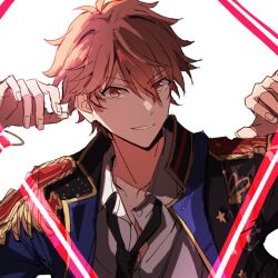 Rule 34 | 1boy, black necktie, brown eyes, brown hair, collared shirt, commentary, ensemble stars!, fingernails, hair between eyes, hands up, highres, jacket, llmtmllmt, long sleeves, looking at viewer, male focus, morisawa chiaki, necktie, official alternate costume, open clothes, open collar, open jacket, shirt, short hair, smile, solo, star (symbol), symbol-only commentary, teeth, white background
