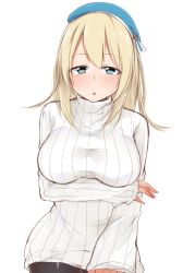 Rule 34 | 10s, 1girl, :o, atago (kancolle), blonde hair, blue eyes, blush, breasts, hat, highres, hoshimiya aki, kantai collection, large breasts, long hair, pantyhose, ribbed sweater, simple background, solo, sweater, turtleneck, white background