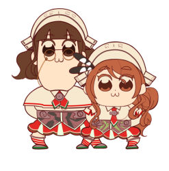 Rule 34 | 2girls, :3, anno88888, arms behind back, bad id, bad pixiv id, bkub (style), brown eyes, brown hair, detached sleeves, eyewear strap, feathers, glasses, headdress, kantai collection, littorio (kancolle), long hair, multiple girls, parody, pince-nez, ponytail, poptepipic, roma (kancolle), short hair, simple background, skirt, standing, style parody, wavy hair, white background