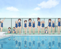 Rule 34 | 6+girls, brown hair, child, kiyo (kyokyo1220), multiple girls, one-piece swimsuit, outdoors, pool, poolside, school swimsuit, standing, swimsuit, water