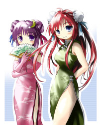 Rule 34 | 2girls, alternate costume, alternate hairstyle, arm behind back, blue eyes, blush, border, bow, braid, breasts, bun cover, china dress, chinese clothes, covering own mouth, crescent, crescent hair ornament, double bun, dress, elbow gloves, female focus, folding fan, gloves, hair bow, hair bun, hair ornament, hair ribbon, hand fan, hong meiling, long hair, looking at viewer, medium breasts, morogami ryou, multiple girls, night clothes, no headwear, outline, outside border, patchouli knowledge, pink gloves, purple eyes, purple hair, red hair, ribbon, sidelocks, single hair bun, smile, touhou, twin braids, white border