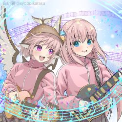 Rule 34 | 2girls, blue eyes, bocchi the rock!, cosplay, crossover, cube hair ornament, electric guitar, gotoh hitori (cosplay), gotoh hitori, guitar, hair ornament, hat, holding, holding instrument, instrument, jacket, long sleeves, multiple girls, music, musical note, mystia lorelei, pink eyes, pink hair, pink jacket, playing instrument, shiroi karasu, smile, touhou, track suit, trait connection, twitter username