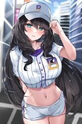 Rule 34 | 1girl, absurdres, aqua eyes, arm behind back, arm up, baseball cap, baseball uniform, black hair, breasts, buttons, cowboy shot, crop top, curly hair, day, hailiu, hand on headwear, hat, highres, i became an academy award-winning villain, large breasts, long hair, looking at viewer, midriff, navel, novel illustration, official art, outdoors, parted lips, purple shirt, ribbed shirt, shirt, short shorts, short sleeves, shorts, solo, sportswear, standing, stomach, thighs, undershirt, very long hair, white hat, white shirt, white shorts