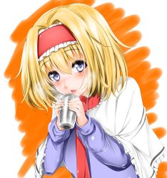 Rule 34 | 1girl, absurdres, alice margatroid, bad id, bad pixiv id, blonde hair, blue eyes, blush, capelet, closed mouth, cup, frilled hairband, frills, hair between eyes, hairband, highres, holding, holding cup, leaning forward, long sleeves, looking at viewer, nakano maru, orange background, solo, steam, tongue, tongue out, touhou, upper body