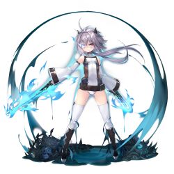 Rule 34 | 1girl, action taimanin, full body, gloves, grey hair, heterochromia, highres, horns, huna (action taimanin), igawa sakuya, lilith-soft, official art, red eyes, serious, short hair, simple background, solo, sword, tail, taimanin (series), taimanin rpgx, weapon