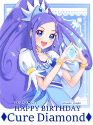 Rule 34 | 1girl, blue bow, blue eyes, blue hair, bow, bracelet, brooch, character name, choker, crystal earrings, cure diamond, dated, diamond hands, dokidoki! precure, earrings, hair ornament, happy birthday, heart, heart brooch, high ponytail, hishikawa rikka, jewelry, long hair, looking at viewer, magical girl, open mouth, ponytail, precure, smile, solo, tanshi tanshi, twitter username, upper body, wide ponytail, yellow choker