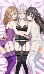 3girls :3 absurdres ahoge alisa_mikhailovna_kujou ass black_camisole black_thighhighs blush breasts brown_eyes brown_hair camisole closed_mouth commission eyebrows_hidden_by_hair feet_out_of_frame garter_belt gluteal_fold groin hair_between_eyes hand_on_another&#039;s_hip highres hug lingerie long_hair looking_at_viewer lying mariya_mikhailovna_kujou medium_breasts multiple_girls on_back on_bed open_mouth pixiv_commission purple_camisole purple_eyes purple_thighhighs smile suou_yuki takuru thighhighs tokidoki_bosotto_roshia-go_de_dereru_tonari_no_alya-san underwear underwear_only white_camisole white_hair white_thighhighs