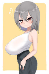 Rule 34 | 1girl, ?, ??, absurdres, bare shoulders, black skirt, blush, border, breasts, brown eyes, confused, denim, denim skirt, from side, hair between eyes, highres, huge breasts, looking at viewer, looking to the side, medium hair, oppai loli, original, outside border, pencil skirt, raised eyebrows, sagging breasts, sayo ayato, shirt, shirt tucked in, silver hair, simple background, skirt, sleeveless, sleeveless shirt, smile, solo, sweat, white shirt, yellow background