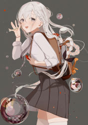 Rule 34 | 1girl, :d, \||/, absurdres, ahoge, backpack, bag, black skirt, braid, breasts, brown bag, bubble, dot nose, giraffe, grey background, grey eyes, hair bun, hair in own mouth, highres, holding, karya, long hair, looking at viewer, mole, mole on thigh, object request, open mouth, original, pleated skirt, school uniform, shirt, single hair bun, skirt, sleeves rolled up, small breasts, smile, solo, standing, teeth, thighhighs, upper teeth only, white hair, white shirt, white thighhighs, zettai ryouiki