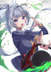 Rule 34 | 1girl, blue jacket, bow, brown sweater, bucket, commentary request, floating hair, hair bow, hair ornament, hairclip, highres, higuchi kaede, higuchi kaede (1st costume), holding, holding bucket, jacket, kabu (niniko2ko), long hair, long sleeves, looking at viewer, mole, mole under eye, nijisanji, open mouth, paint splatter, paint splatter on face, ponytail, purple eyes, sidelocks, silver hair, simple background, solo, sweater, v-shaped eyebrows, very long hair, virtual youtuber, white background, white bow