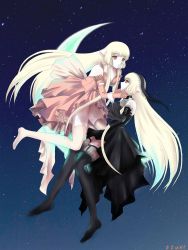 Rule 34 | 00s, 2girls, bad id, bad pixiv id, bare shoulders, black dress, black thighhighs, blonde hair, chii, chobits, crescent moon, dress, empty eyes, floating, freya, freya (chobits), gothic lolita, hairband, hand on another&#039;s cheek, hand on another&#039;s face, hands on another&#039;s cheeks, hands on another&#039;s face, highres, holding another&#039;s wrist, lolita fashion, long hair, moon, moonlight, multiple girls, night, night sky, pink dress, profile, siblings, signature, sisters, sky, thighhighs, zzwei