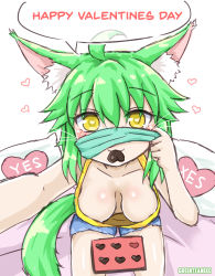 Rule 34 | 1girl, :3, absurdres, ahoge, animal ear fluff, animal ears, artist name, bad id, bad pixiv id, blue shorts, blush, breasts, camisole, candy, cat ears, cat girl, cat tail, chocolate, chocolate heart, cleavage, closed mouth, commentary request, downblouse, extended downblouse, food, food in mouth, from above, green hair, greenteaneko, greenteaneko-chan, hair between eyes, happy valentine, heart, heart-shaped pupils, highres, lifting own clothes, mask, mask lift, medium breasts, mouth hold, mouth mask, no bra, original, reaching, reaching towards viewer, selfie, short shorts, shorts, sitting, solo, surgical mask, symbol-shaped pupils, tail, valentine, yellow camisole, yellow eyes, yes, yes-no pillow