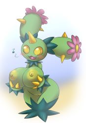 Rule 34 | 1girl, :3, blush, cactus, cleft of venus, creatures (company), game freak, gen 5 pokemon, highres, large areolae, maractus, metachoke, monster girl, musical note, nintendo, plant girl, pokemon, pokemon (creature), pussy, solo, uncensored, wide hips, yellow eyes