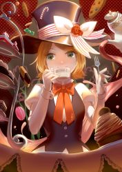 Rule 34 | 1girl, alice in musicland (vocaloid), black hat, blonde hair, blush, bow, cake, food, fork, green eyes, hat, hat ribbon, highres, holding, holding fork, kagamine rin, looking at viewer, nail polish, parted lips, plate, red bow, red ribbon, ribbon, short hair, smile, solo, table, teapot, tiered tray, top hat, vocaloid, white ribbon, wrist cuffs, yellow nails, zhong (cy1213som)