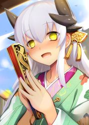 Rule 34 | 1girl, :d, alternate costume, blue sky, blush, day, fate/grand order, fate (series), floral print, folded fan, folding fan, green kimono, hair between eyes, hand fan, haribote (desk of coulomb), heart, heart-shaped pupils, holding, holding fan, horns, japanese clothes, kimono, kiyohime (fate), long hair, long sleeves, looking at viewer, open mouth, outdoors, silver hair, sky, smile, solo, symbol-shaped pupils, tareme, tassel, upper body, wide sleeves, yellow eyes