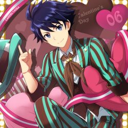Rule 34 | 1boy, ahoge, aki ma jiro, blue eyes, blue hair, character name, collared shirt, formal, happy valentine, hat, heart, highres, idolmaster, idolmaster side-m, looking at viewer, male focus, shirt, sleeves rolled up, smile, striped suit, suit, taiga takeru