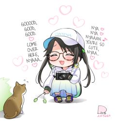 Rule 34 | 1girl, :d, ^ ^, afterimage, animal, baseball cap, black hair, blue skirt, blush, brown-framed eyewear, bush, camera, cat, cattail, chibi, closed eyes, clothes writing, copyright request, dated, earrings, eighth note, flip (diiolive), flying sweatdrops, glasses, hard-translated, hat, heart, holding, holding camera, hood, hood down, hoodie, hoop earrings, idolmaster, idolmaster shiny colors, jewelry, long hair, long sleeves, mitsumine yuika, musical note, open mouth, plant, pleated skirt, purple footwear, shoes, signature, skirt, sleeves past wrists, smile, sneakers, socks, solo, squatting, third-party edit, translated, twintails, very long hair, white background, white hat, white hoodie, white socks