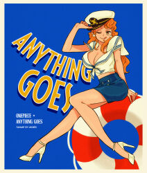 1girl ;q anything_goes arm_support artist_name bare_arms bare_legs blue_skirt border breasts brown_eyes cleavage commentary earrings full_body hand_up hat high_heels highres innertube jewelry large_breasts lngees long_hair looking_at_viewer midriff_peek miniskirt nami_(one_piece) one_eye_closed one_piece orange_hair pearl_earrings sailor_collar sailor_hat short_sleeves shoulder_tattoo sitting skirt solo swim_ring symbol-only_commentary tattoo tongue tongue_out wavy_hair white_footwear