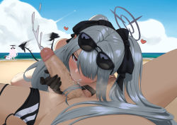 Rule 34 | 1girl, beach, blue archive, censored, cum, demon tail, erection, fellatio, hairjob, heart, iori (blue archive), jornyhail, kissing penis, mosaic censoring, oral, penis, penis grab, projectile cum, red eyes, silver hair, stray pubic hair, sunglasses on head, tail, tail wagging, testicles