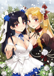 Rule 34 | 2girls, bare shoulders, black dress, black gloves, black hair, blonde hair, blush, breasts, cleavage, closed mouth, collarbone, dress, ear piercing, elbow gloves, ereshkigal (fate), fate/grand order, fate (series), flower, gloves, hair flower, hair ornament, hair ribbon, highres, ishtar (fate), long hair, looking at viewer, multiple girls, noixen, open mouth, petals, piercing, red eyes, revision, ribbon, siblings, sisters, smile, two side up, white dress