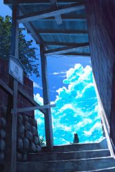 Rule 34 | animal focus, bird, black cat, blue sky, building, cat, cloud, cloudy sky, commentary, cumulonimbus cloud, day, from behind, gensuke (ryun), highres, no humans, original, outdoors, scenery, shadow, sky, stairs, summer, sunlight, translated, tree