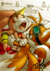 Rule 34 | 1boy, 1girl, aku tojyo, artist name, breasts, clothed female nude male, colorized, cream the rabbit, furry, hetero, no humans, nude, orgasm, sega, sex, small breasts, sonic (series), tails (sonic), text focus
