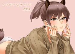Rule 34 | 10s, 1girl, 2014, animal ears, brown eyes, brown hair, glasses, half-closed eyes, hands on own cheeks, hands on own face, happy new year, horse ears, horse girl, horse tail, lying, new year, on stomach, original, panties, pink background, ponytail, ribbed sweater, simple background, smile, solo, sweater, tail, underwear, zonda (solid air)