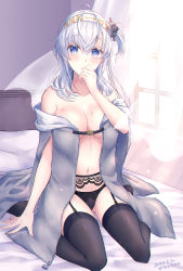 Rule 34 | 1girl, bed, black panties, black thighhighs, blue eyes, blush, breasts, cleavage, commentary request, curtains, dated, garter belt, garter straps, hachimaki, headband, hickey, indoors, kabocha torute, kantai collection, long hair, looking at viewer, medium breasts, on bed, one side up, panties, pillow, sitting, solo, suzutsuki (kancolle), thighhighs, twitter username, underwear, white hair, window