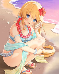 Rule 34 | 1girl, :d, ass, bare shoulders, barefoot, beach, bikini, blonde hair, blue bikini, blue eyes, blush, bracelet, breasts, character request, commission, copyright request, flower, frilled bikini, frills, hair flower, hair ornament, highres, holding, holding shell, horizon, jewelry, long hair, looking at viewer, necklace, ocean, open mouth, outdoors, red flower, sandals, shell, sidelocks, skeb commission, small breasts, smile, solo, squatting, starfish, sunset, swept bangs, swimsuit, toes, umeyuki, very long hair, water, wrist cuffs