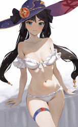 Rule 34 | 1girl, bare shoulders, bikini, black hair, bow, clisapex, closed mouth, collarbone, commentary request, genshin impact, hat, hat bow, highres, leaning, long hair, looking at viewer, mona (genshin impact), navel, smile, solo, stomach, strapless, strapless bikini, swimsuit, thigh strap, thighs, twintails, white bikini, witch hat
