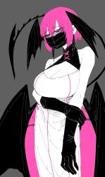 Rule 34 | 1girl, arm under breasts, black gloves, black tail, black wings, breasts, china dress, chinese clothes, cleavage, demon girl, demon tail, demon wings, dress, facial mask, gloves, grey background, head wings, heal &amp; squeeze, highres, holding another&#039;s arm, large breasts, limited palette, mask, pink eyes, pink hair, pink legwear, sleeveless, tail, wings, zyugoya