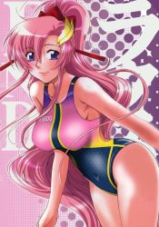 Rule 34 | 00s, 1girl, armpits, blue eyes, blush, bow, breasts, competition swimsuit, curvy, gradient background, gundam, gundam seed, gundam seed destiny, hair bow, hair ornament, highres, lacus clyne, large breasts, leaning forward, long hair, looking at viewer, naughty face, navel, non-web source, one-piece swimsuit, parted bangs, pink hair, polka dot, polka dot background, ponytail, scan, side slit, skin tight, smile, solo, speedo (company), standing, suzuki address, swimsuit, thighs, very long hair, wet