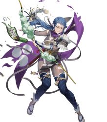 Rule 34 | 1girl, arrow (projectile), bodysuit, bow (weapon), breasts, chyko, cleavage, clenched teeth, damaged, fingerless gloves, fire emblem, fire emblem fates, fire emblem heroes, fishnet bodysuit, fishnets, gloves, highres, holding, holding bow (weapon), holding weapon, japanese clothes, medium breasts, ninja, nintendo, non-web source, official alternate costume, official art, one eye closed, pelvic curtain, ponytail, purple eyes, purple gloves, purple hair, purple scarf, purple thighhighs, reina (fire emblem), reina (ninja) (fire emblem), sandals, scarf, shuriken hair ornament, single bare shoulder, solo, tabi, teeth, thighhighs, torn clothes, torn scarf, v-shaped eyebrows, weapon, zouri