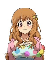 Rule 34 | 10s, 1girl, :3, brown hair, gazacy (dai), hair ornament, hairclip, hands on own chest, highres, idolmaster, idolmaster cinderella girls, jewelry, long hair, long sleeves, looking at viewer, moroboshi kirari, necklace, simple background, solo, star (symbol), star in eye, symbol in eye, upper body, wavy hair, white background