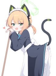 Rule 34 | 1girl, absurdres, animal ear headphones, animal ears, apron, black dress, blonde hair, blue archive, blue ribbon, cat ears, dress, fake animal ears, fake tail, from side, green eyes, green halo, hagoonha, halo, headphones, highres, leaning on object, leaning to the side, long sleeves, looking at viewer, low ponytail, maid apron, midori (blue archive), midori (maid) (blue archive), neck ribbon, open mouth, pantyhose, parted bangs, puffy long sleeves, puffy sleeves, ribbon, short hair, sidelocks, simple background, smile, solo, tail, tail raised, upper body, white apron, white background, white pantyhose