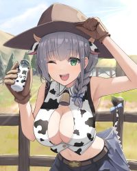 Rule 34 | 1girl, ;d, absurdres, alternate costume, animal ears, animal print, arm up, armpits, bare shoulders, belt, blouse, blue bow, bottle, bow, braid, breasts, brown gloves, cleavage, cleavage cutout, clothes lift, clothing cutout, cow ears, cow girl, cow horns, cow print, cow tail, cowboy hat, cowboy shot, cowboy western, crop top, day, farm, fence, gloves, grass, green eyes, grey hair, hand on headwear, hat, highres, holding, holding bottle, holding clothes, holding hat, hololive, horns, izu (tea value lord), large breasts, leaning forward, lifting own clothes, looking at viewer, midriff, milk, milk bottle, navel, neck bell, no bra, one eye closed, open mouth, outdoors, print shirt, shirogane noel, shirt, skirt, skirt lift, sleeveless, sleeveless shirt, smile, solo, sweat, tail, virtual youtuber, white shirt, wink