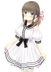 Rule 34 | 1girl, 7 calpis 7, bare shoulders, black bow, blunt bangs, bow, breasts, brown hair, clothing cutout, collarbone, cowboy shot, highres, large breasts, legs together, looking at viewer, medium hair, multicolored hair, original, parted lips, purple eyes, school uniform, serafuku, short ponytail, shoulder cutout, side ponytail, simple background, solo, two-tone hair, white background