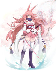 Rule 34 | 1girl, absurdres, animal ears, bare shoulders, blue eyes, boots, branch, breasts, cherry blossoms, closed mouth, detached sleeves, fox ears, fox mask, full body, high heel boots, high heels, highres, holding, holding sword, holding weapon, honkai (series), honkai impact 3rd, japanese clothes, kaerbin, katana, kimono, knee boots, long hair, looking at viewer, mask, medium breasts, miko, nontraditional miko, obi, pink hair, pink skirt, pleated skirt, purple footwear, ribbon-trimmed sleeves, ribbon-trimmed thighhighs, ribbon trim, sash, sheath, sheathed, short kimono, skirt, solo, standing, sword, thighhighs, weapon, white background, white kimono, white sleeves, white thighhighs, yae sakura, yae sakura (gyakushinn miko)