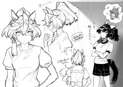 Rule 34 | 2girls, puff of air, animal ears, breasts, clenched hand, clenched teeth, crossed legs, eighth note, greyscale, gym uniform, hair ornament, heart, hi (ibisf5umauma), holding, holding towel, horse ears, horse girl, horse tail, katsuragi ace (umamusume), looking to the side, looking up, monochrome, mr. c.b. (umamusume), multiple girls, multiple views, musical note, ponytail, rain, shirt, short hair, short sleeves, shorts, small breasts, standing, tail, teeth, thought bubble, towel, translation request, umamusume, v-shaped eyebrows